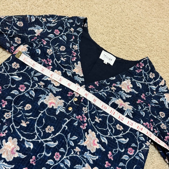 Sezane Floral Textured Navy Top 3/4 Sleeve V Neck Feminine Dainty Size 34 XS - Picture 8 of 13